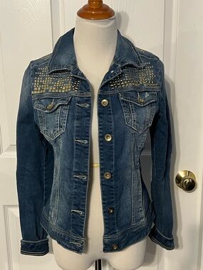 Forever 21 Dark Blue Gold Studded Denim Jean Jacket